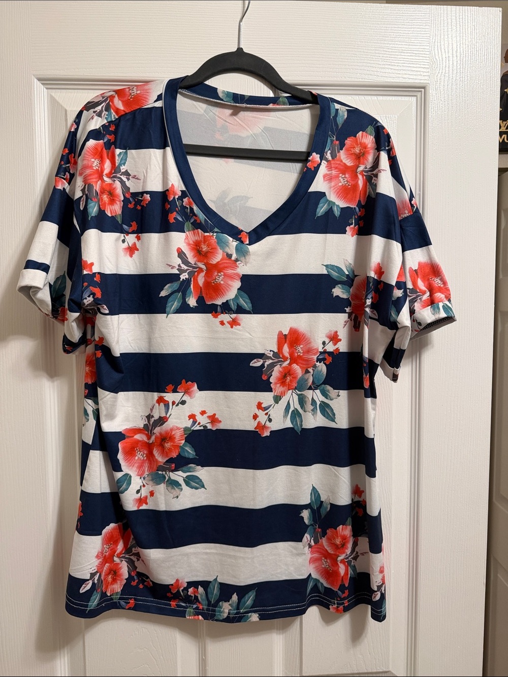 Floral Stripe V-Neck Top - Navy, White & Coral